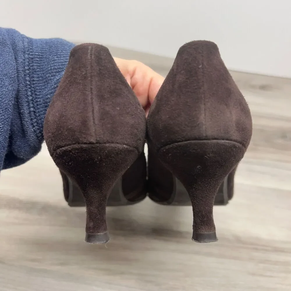 STUART‎ WEITZMAN pumps 6.5 M Dark Brown Strappy Suede Leather Pumps Kitten Heels